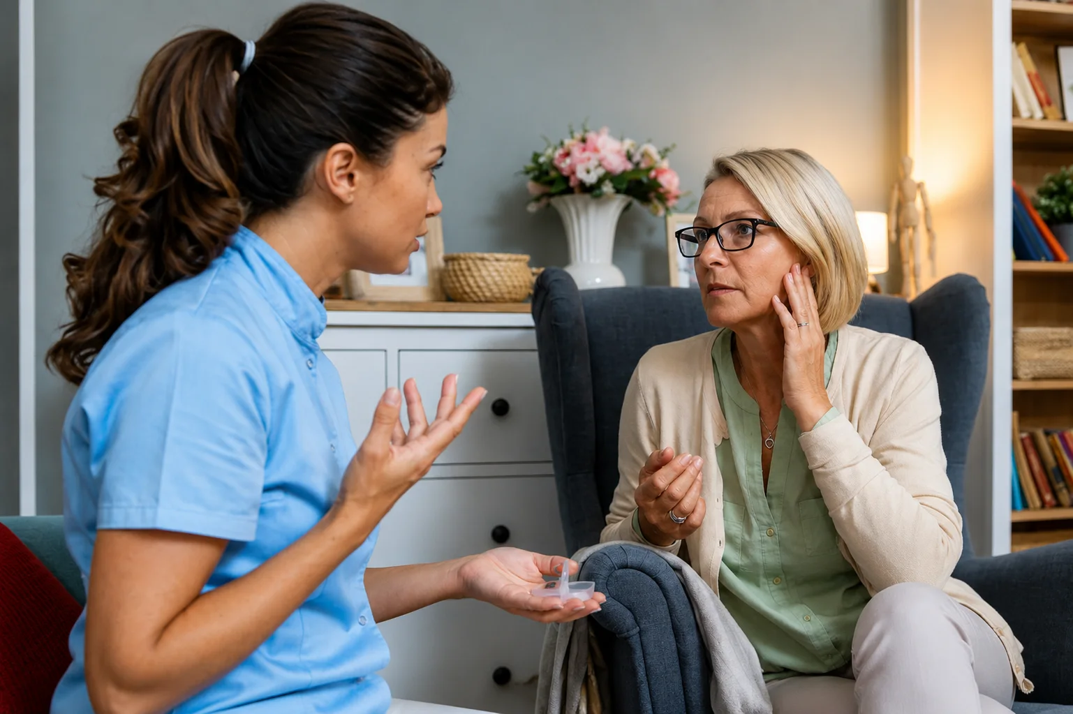 Healthcare professional discussing ear discomfort with a patient